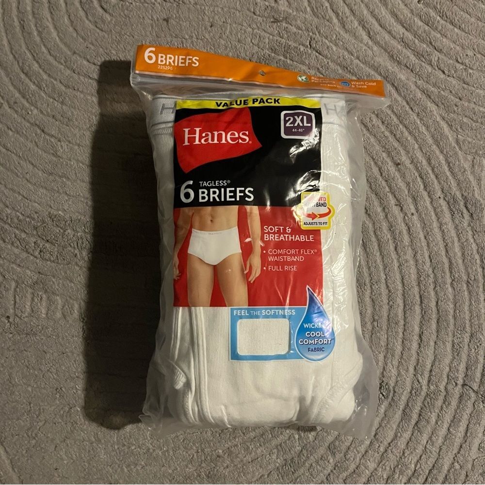 Hanes Men’s Briefs 6‑Pack Size 2XL White Tagless ComfortSoft Waistband Wicking